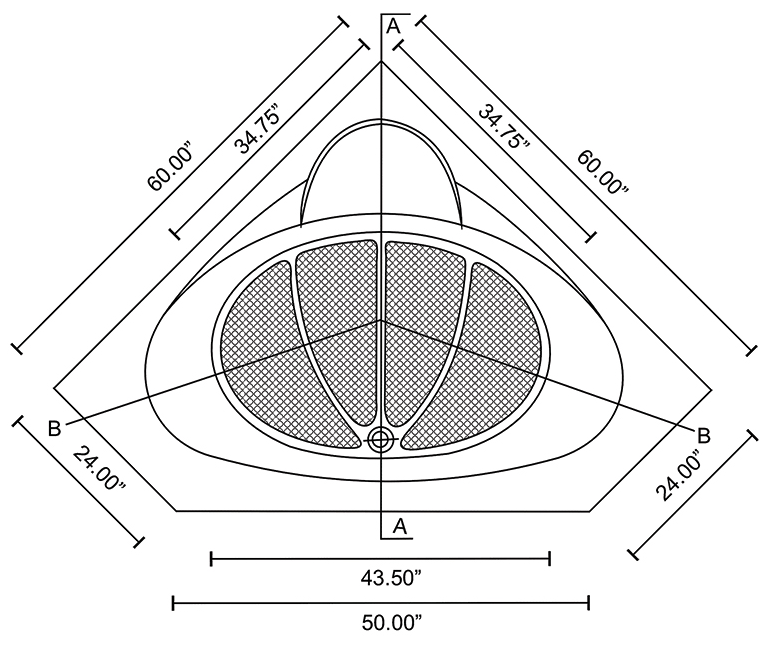 60x60 corner cultured marble tub, 24 inch deep, drawing